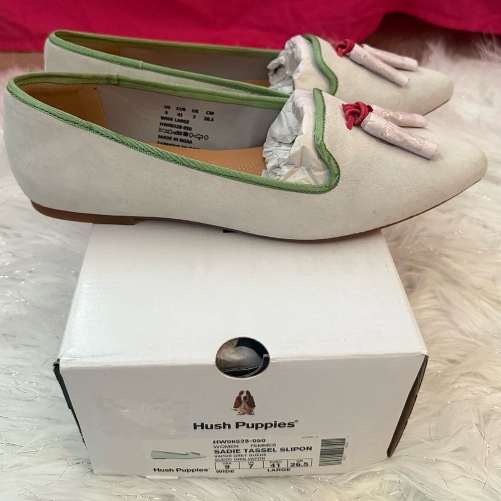 Hush Puppies White and Green Flats with Pink Laces